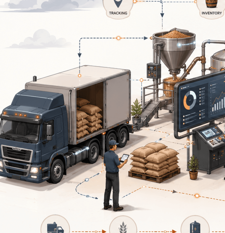 Inbound raw materials arriving by truck and being milled at the head of the line.